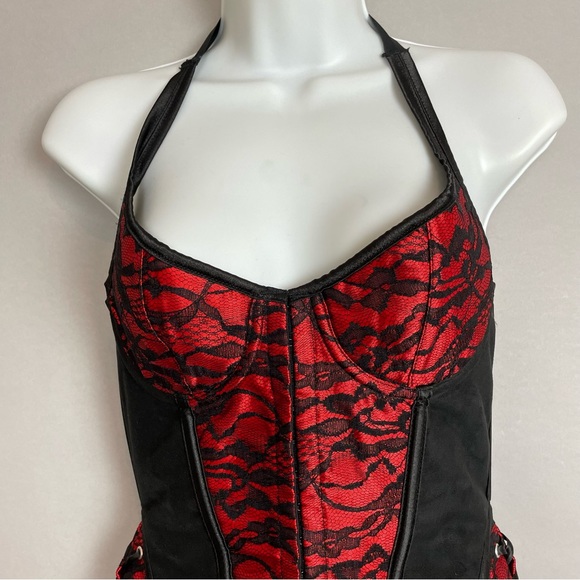 Velvet Kitten Corset Top Lace Up Black Red Halter Neck Tie Boning - Picture 5 of 13